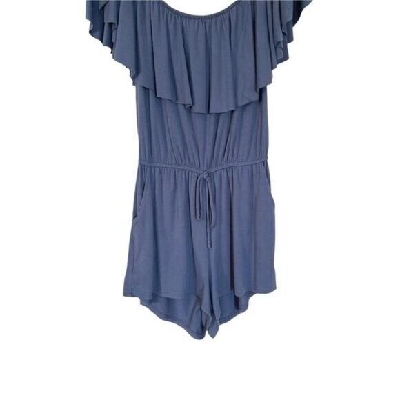 Elan Size S Ruffle Off Shoulder Romper Navy Jersey Knit Boho Soft - Picture 3 of 8